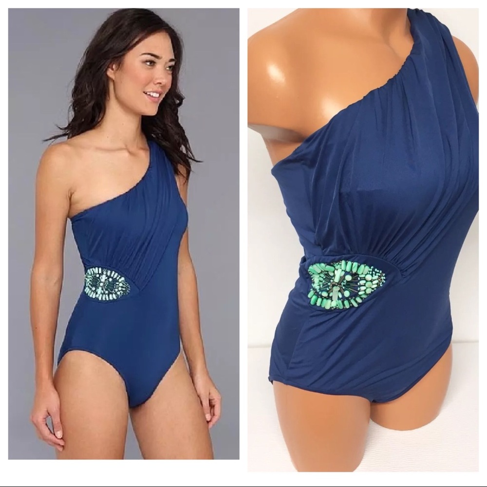 Badgley Mischka Beaded One Shoulder Swimsuit. NWOT